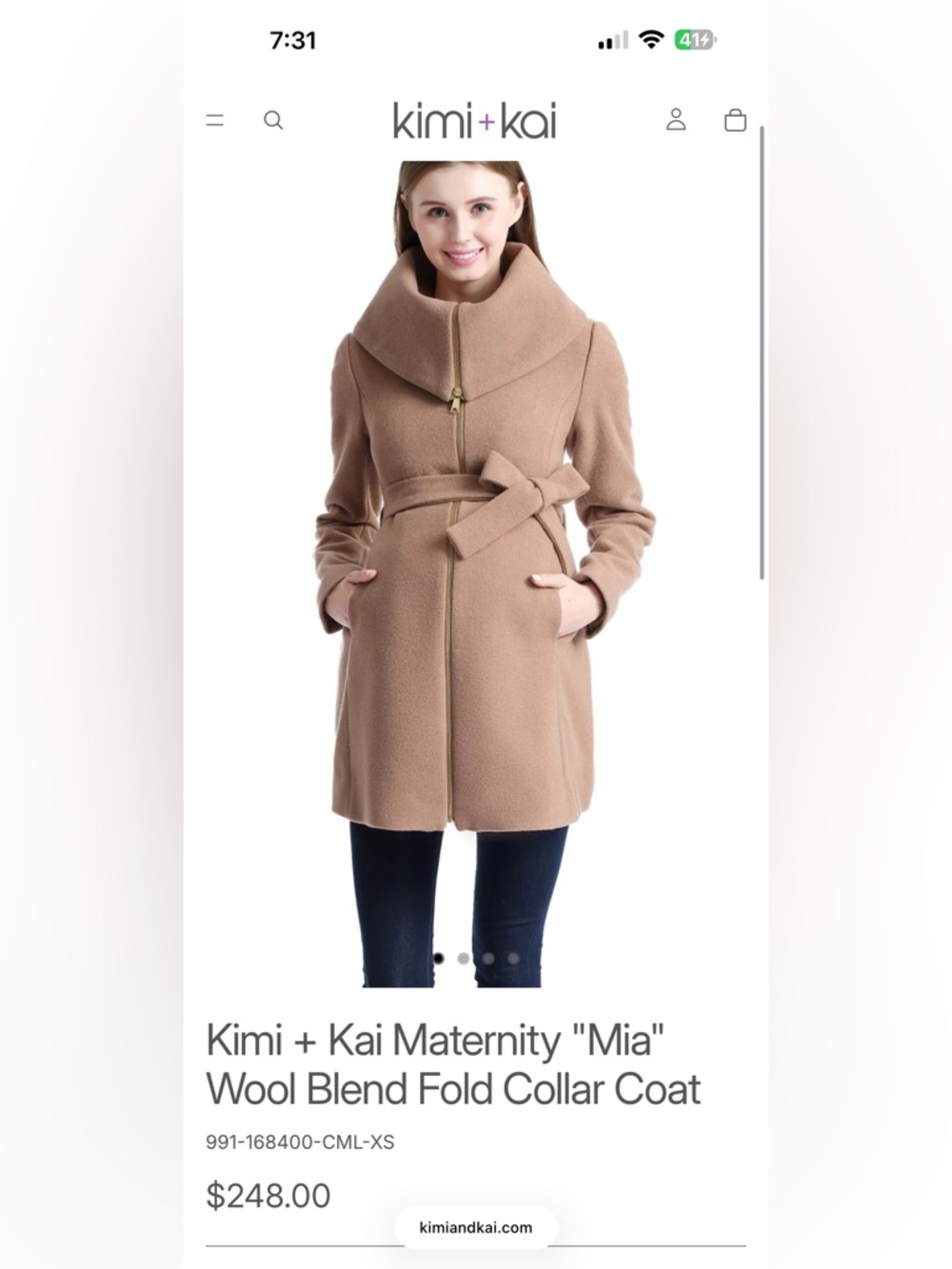 Kimi + Kai Maternity "Mia" Wool Blend Fold Collar Coat